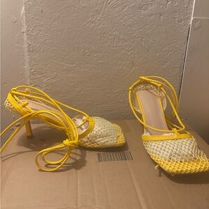 Yellow Strappy Mesh Pointed-Toe Heels